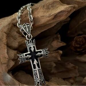 Silver Cross Pendant with Onyx Inlay Pendant with Chain